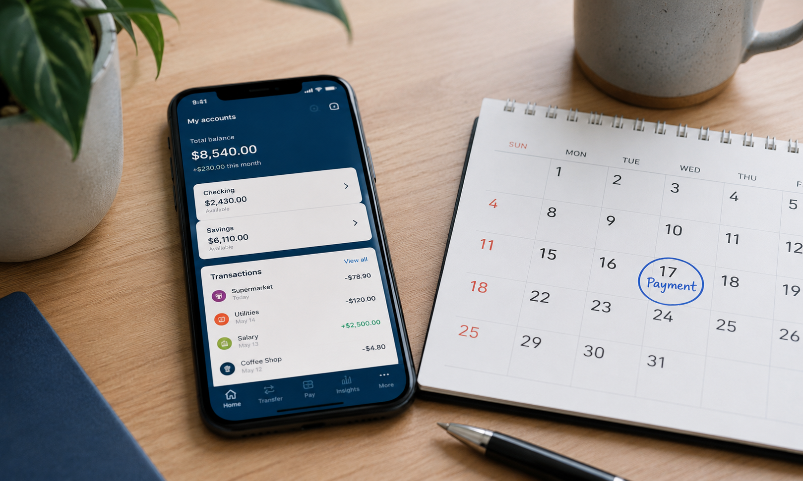 Смартфон із фінансовим застосунком поруч із календарем дати платежу