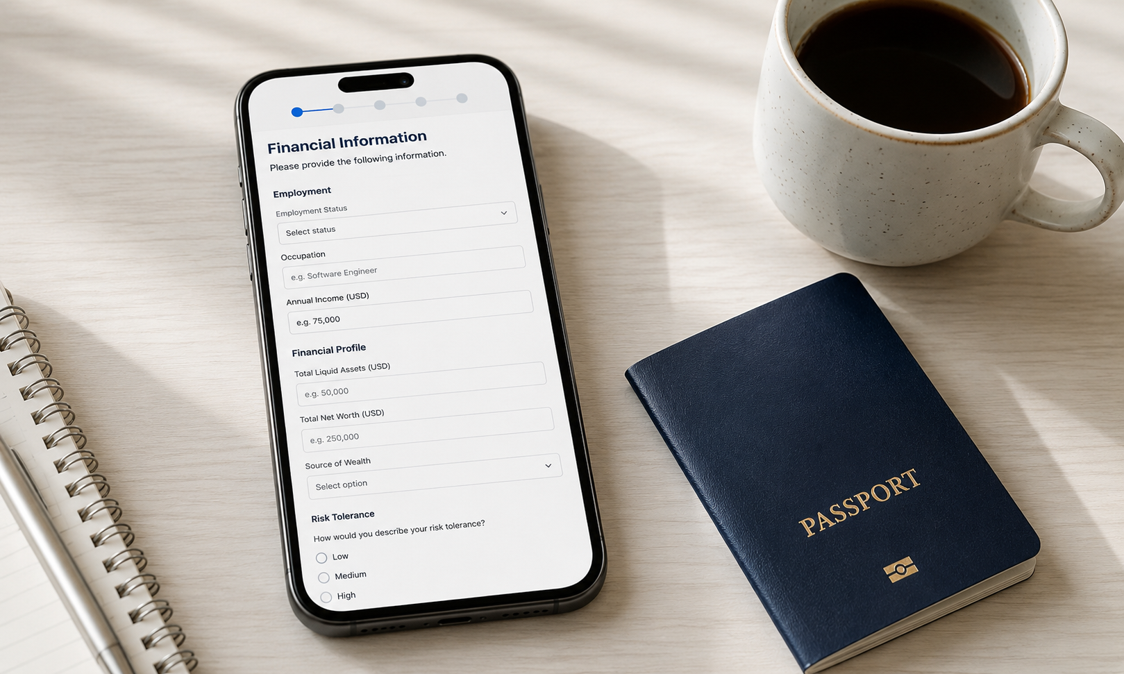 Смартфон із фінансовою анкетою, паспортом і кавою на столі